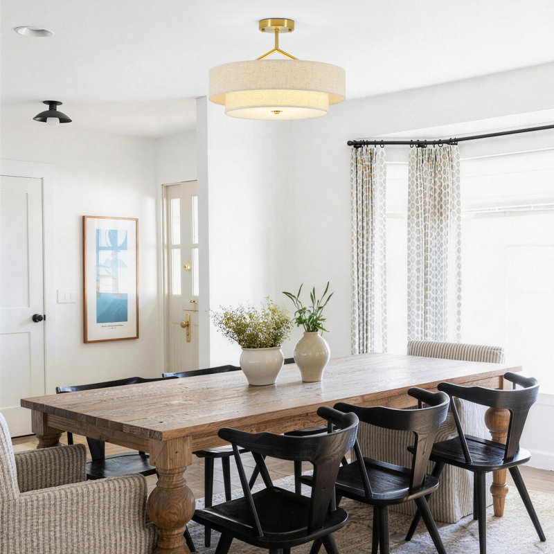 17 Stories 3 Light 177 Modern Semi Flush Mount Ceiling Light With Fabric Shade Vintage Rustic 2 Layer Linen Ceiling Lamp For Bedroom Nursery W119683898